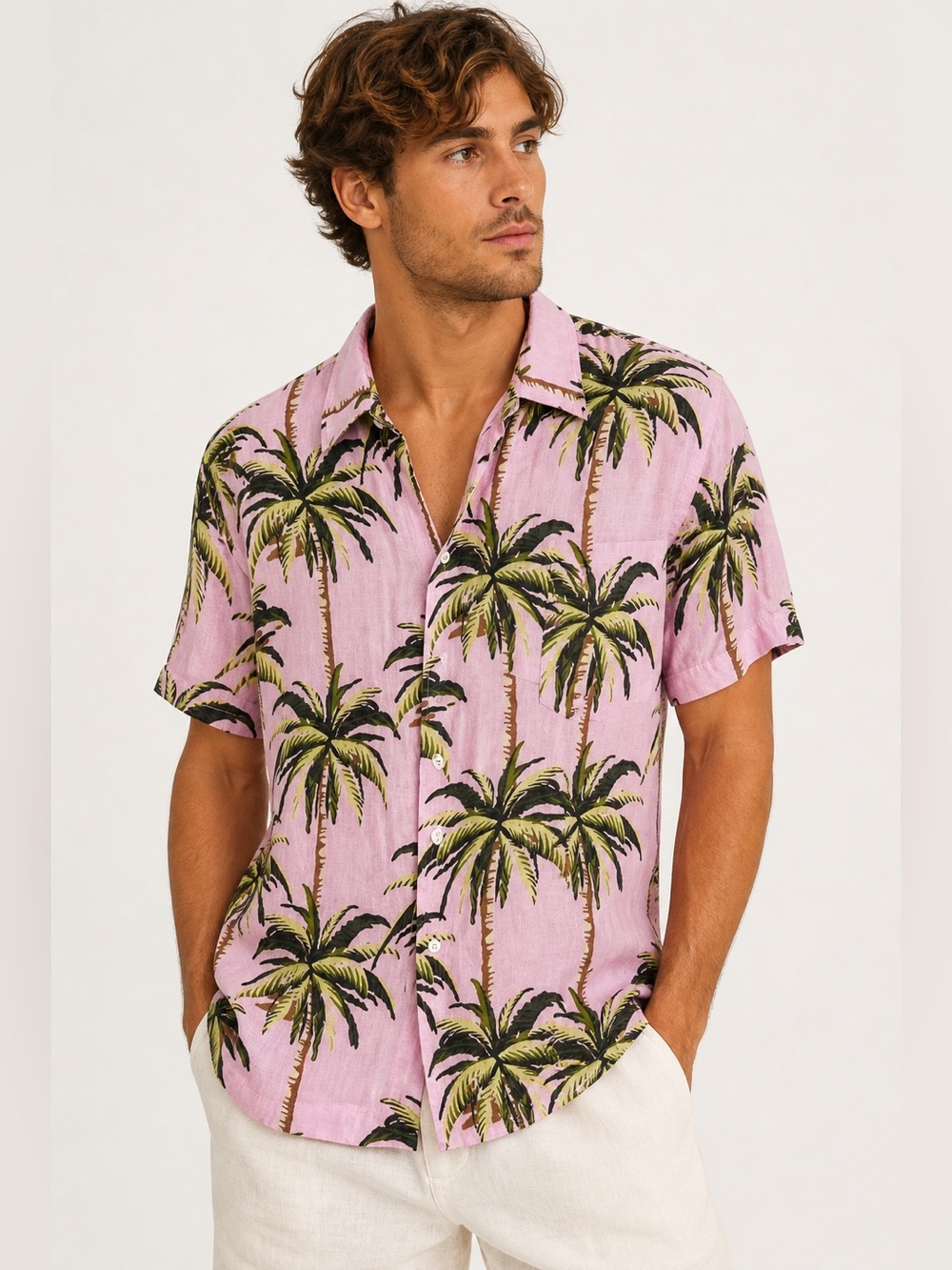 Solid & Striped Palm Tree Linen Shirt Pink Men’s Large Resort Hawaiia